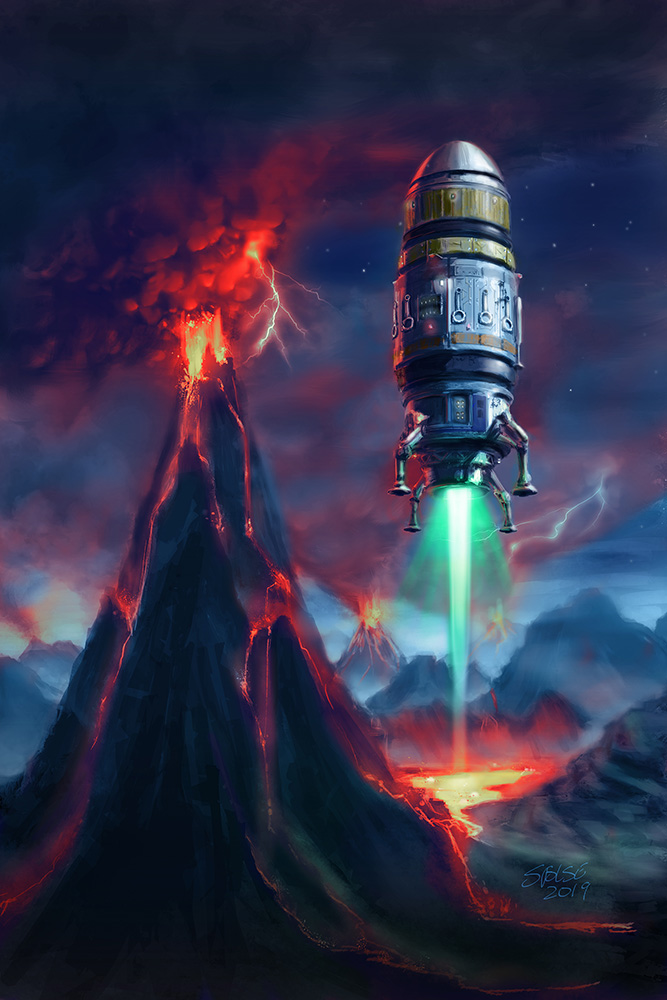 Cover of Firejammer: a blunt-nosed shuttle descends onto an alien planet at night. Volcanoes are erupting in the background.