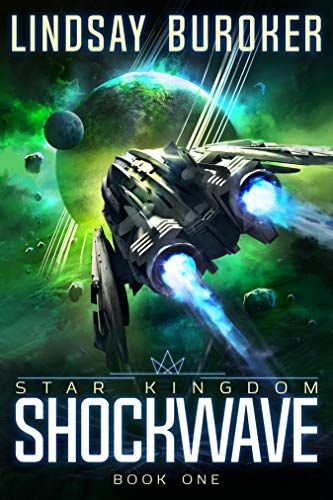 SHockwave by Lindsay Buroker. A spaceship with paple blue exhaust flies away from the viewer, over a green-tinted background of a planet with several moons.