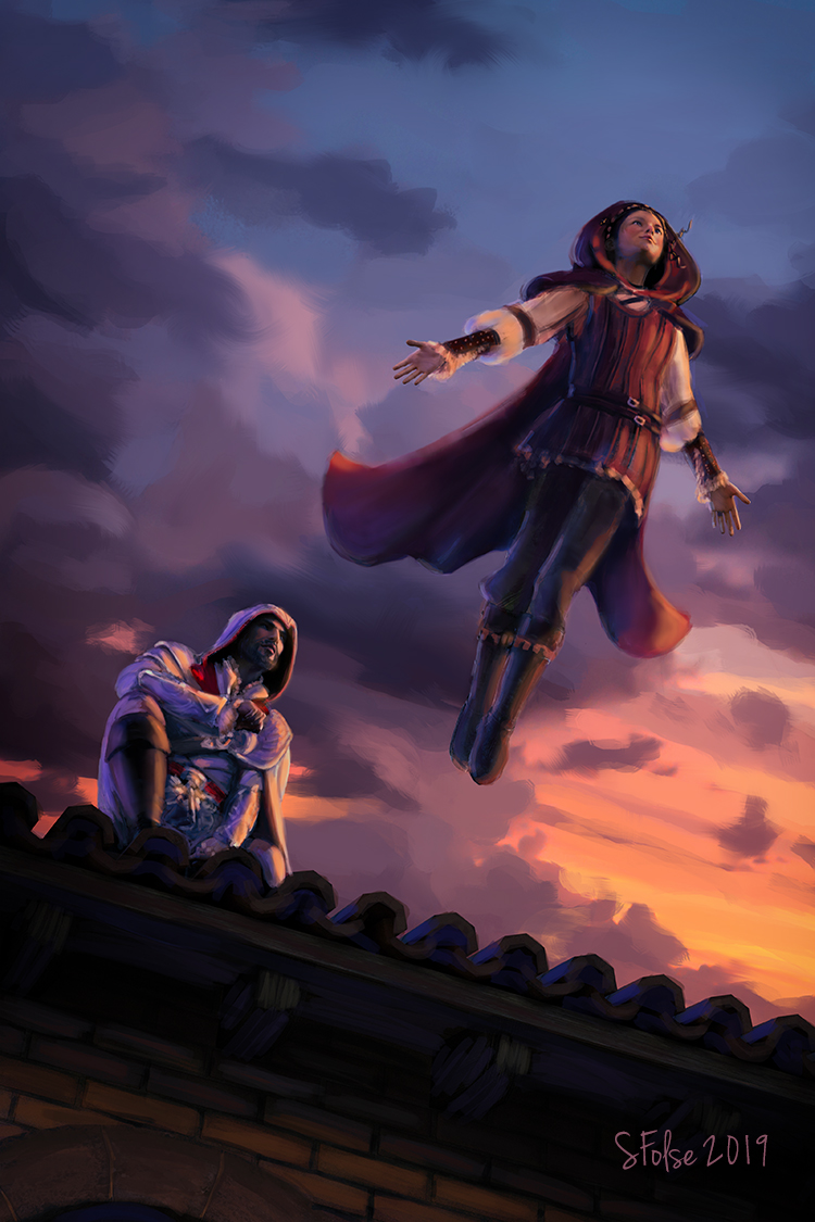 Claudia Auditore performing a leap of faith off a rooftop as Ezio watches.