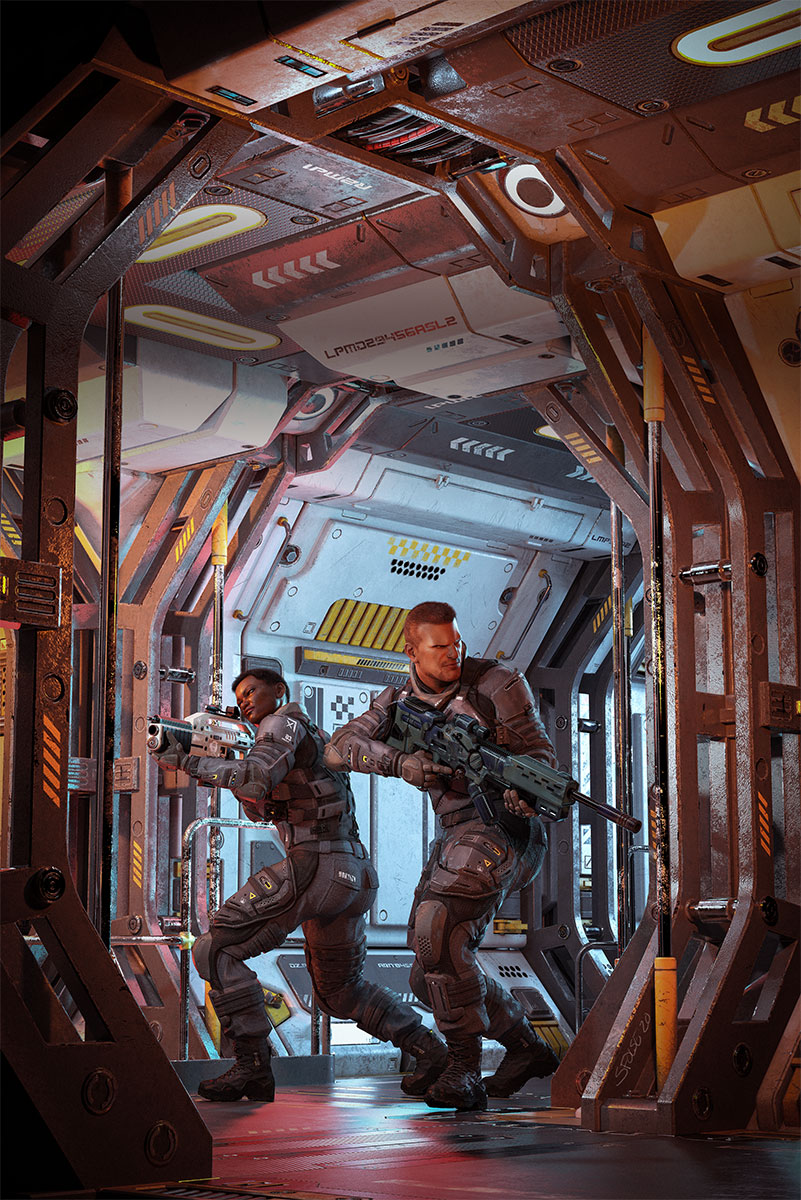 Military science fiction cover with two troops advancing through a space station, ship or other facility